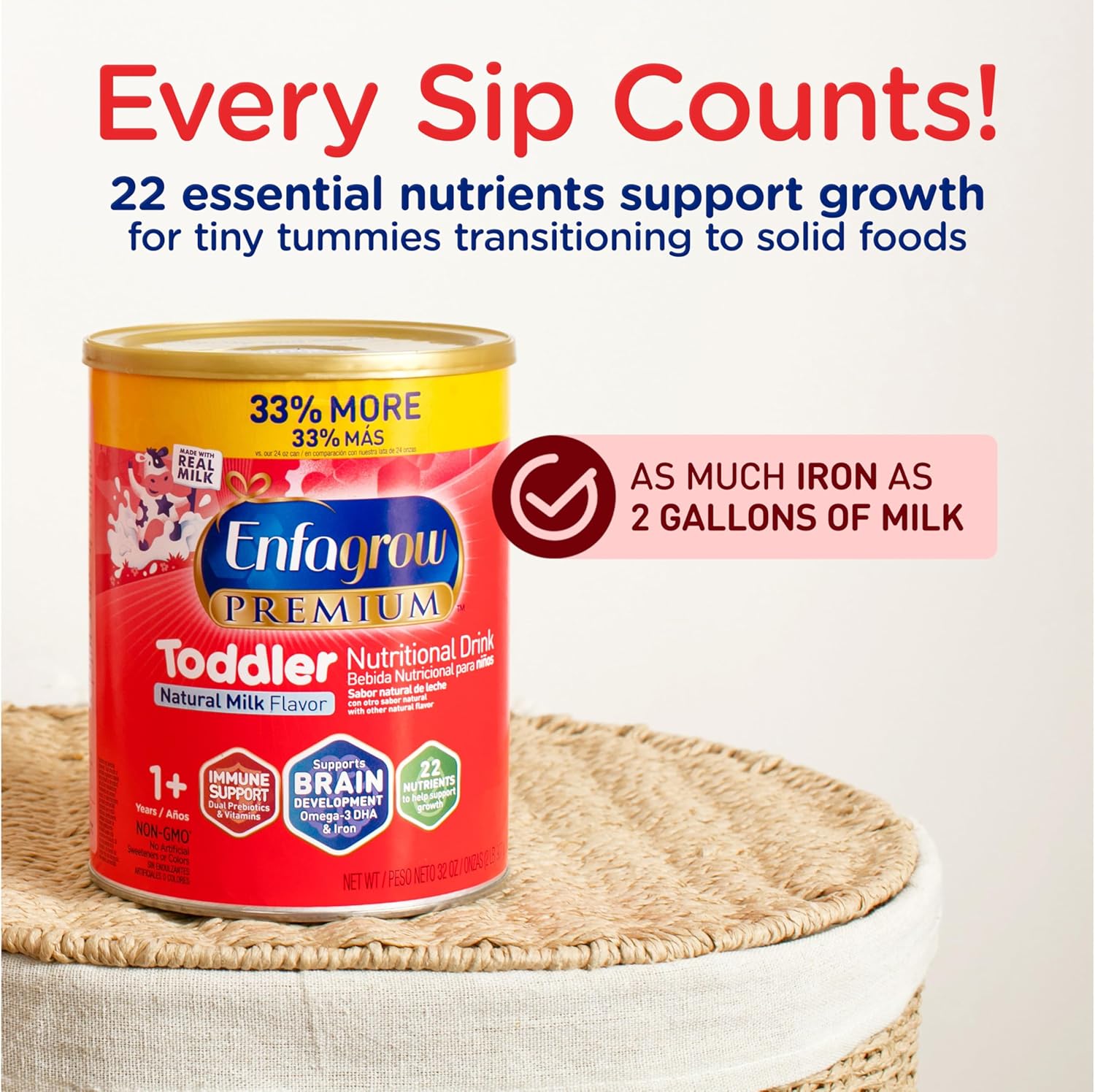 Enfagrow Premium Toddler Nutritional Drink, Made With Real Milk, Brain-Building Omega-3 Dha, Nutrients And Prebiotics For Growth & Immune Support, Non-Gmo, Toddler Milk Powder, 32 Oz Can, Pack Of 12