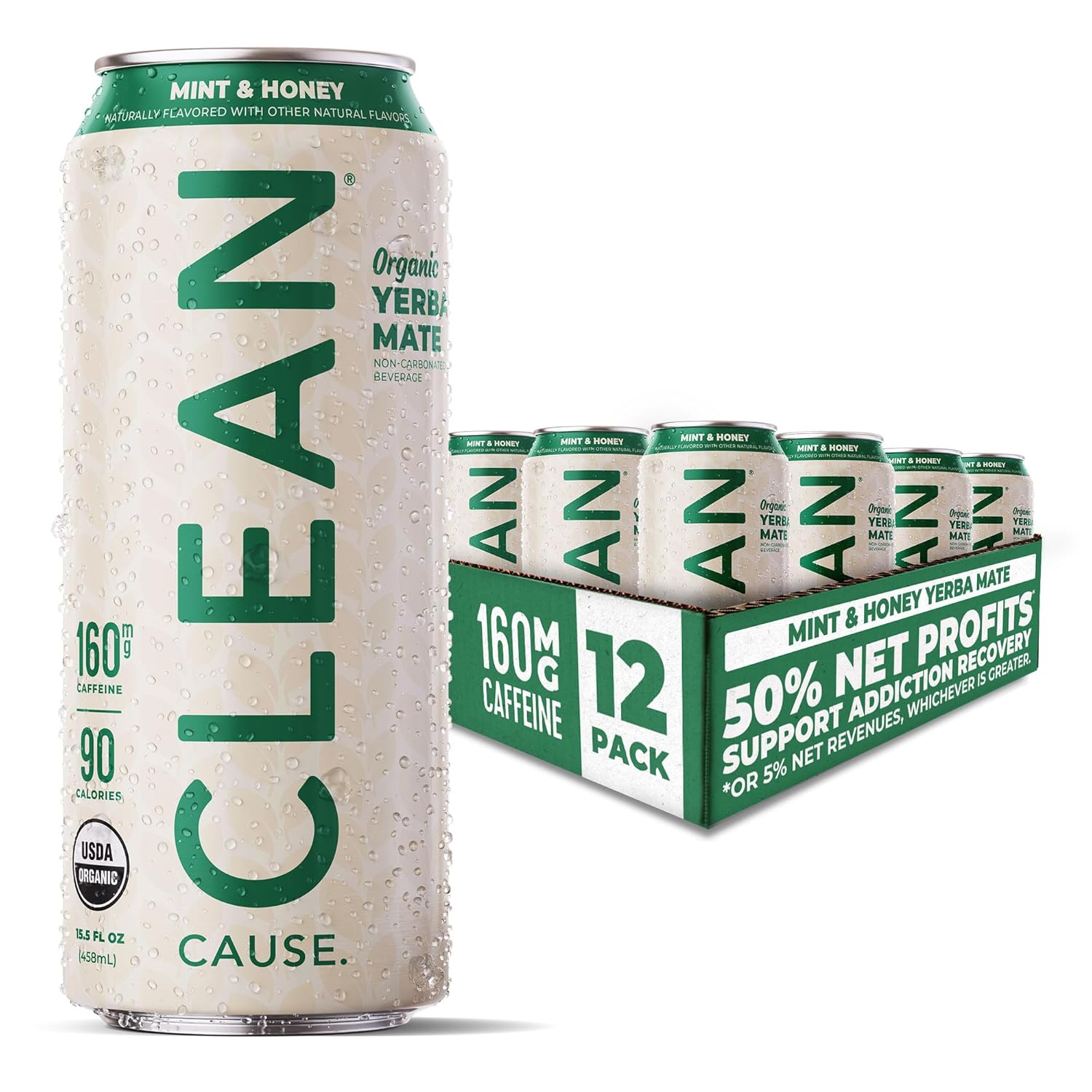 New! Clean Cause Mint & Honey Usda Organic Yerba Mate Tea (15.5Oz Cans, 12-Pack Case) Non-Carbonated, 160Mg Caffeine