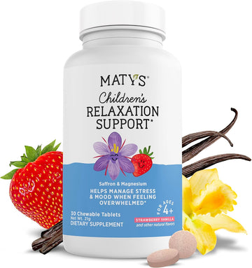 Matys Kids Relaxation Support Chewable Tablets For Ages 4 Years +, Magnesium & Saffron Helps Calm Active Mind & Body To Unwind & Chill, Clean Alternative Made With Saffron & Magnesium, 30 Count