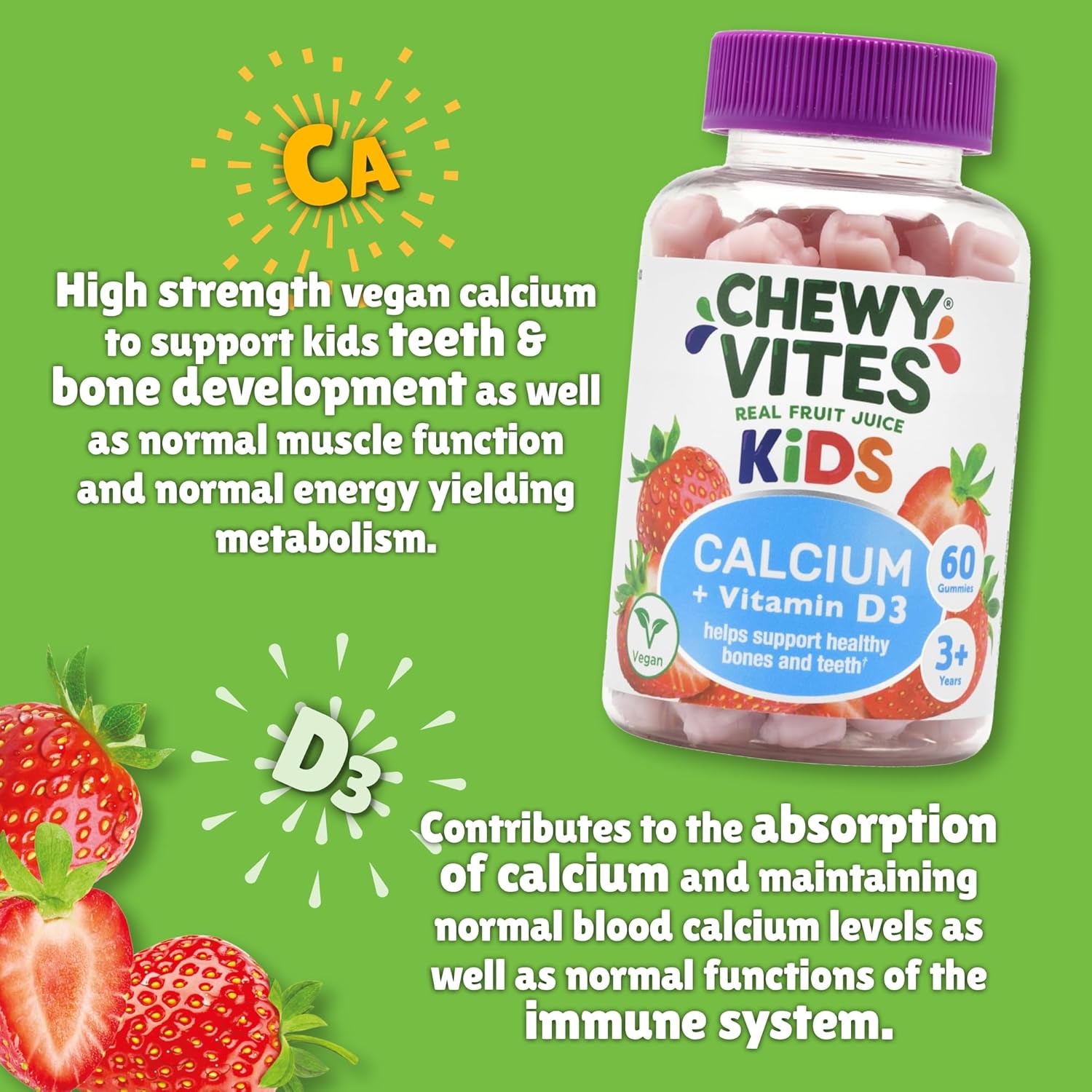 Chewy Vites Kids Calcium and Vitamin D3, 60 Kids Calcium Gummies, Help Support Healthy Bones and Teeth, 2 Months Supply, Real Fruit Juice, Vegan, Age 3 +, Strawberry Flavour (Pack of 2) : Amazon.co.uk: Health & Personal Care
