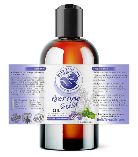 Bella Terra Oils - Organic Borage Seed Oil 8 oz - Cold-Pressed from Organic Borage Seeds, Overflowing with Vitamin E & Omega Fatty Acids, An Elixir of Youth & Beauty
