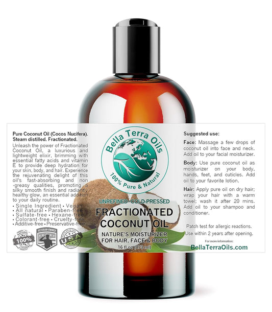 Bella Terra Oils - Liquid Organic Fractionated Coconut Oil 16 oz - Dive into Nutritional Excellence, Known for Antioxidants & MCTs, A Luxurious Treat for the Skin