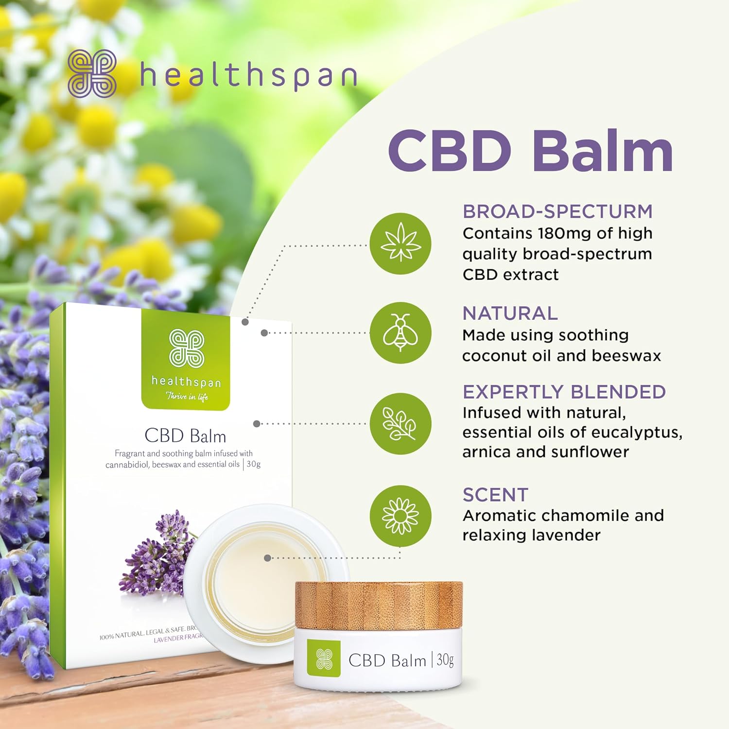 Healthspan CBD Balm 30g Infused with 180mg cannabidiol Essential Oils, Cream, Aromatic Chamomile and Relaxing Lavender, 30 gram : Amazon.co.uk: Health & Personal Care