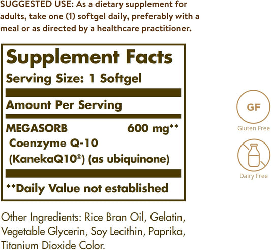 Solgar Megasorb Coq-10 600 Mg, 30 Softgels - Promotes Heart & Nervous System Health - Coenzyme Q10 Supplement - Enhanced Absorption - Gluten Free, Dairy Free - 30 Servings