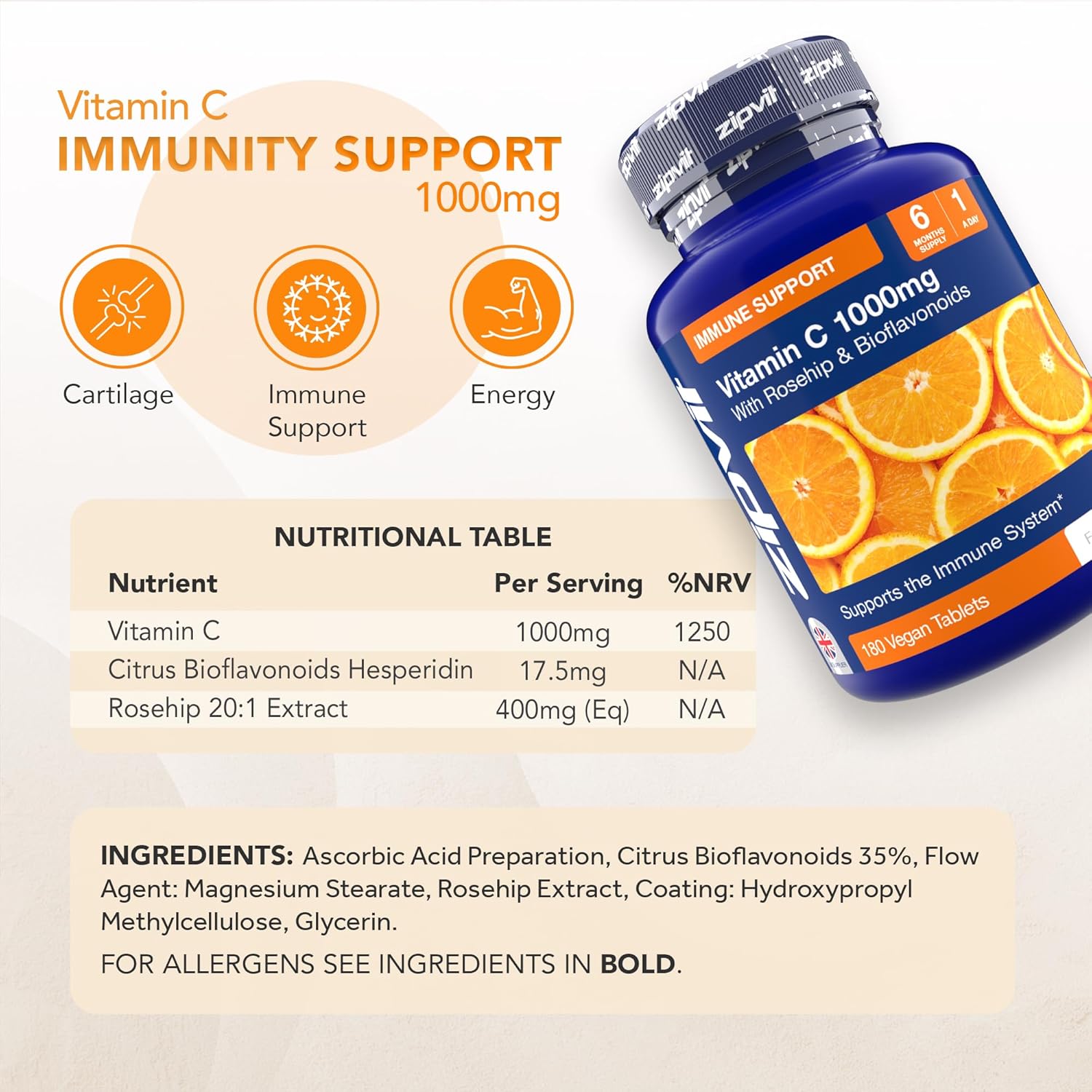 Zipvit Vitamin C 1000mg, 180 High Strength Vitamin C Tablets with Rosehip & Bioflavonoids, Vegan VIT C Supplement, Supports The Immune System and Reduction of Tiredness and Fatigue : Amazon.co.uk: Health & Personal Care