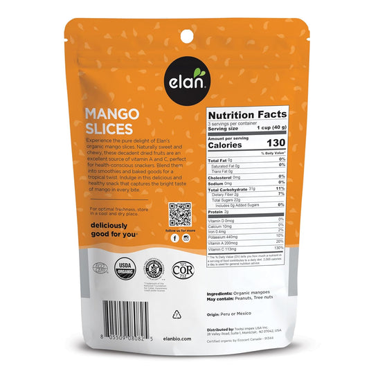 Elan Organic Dried Mango Slices, 4.4 oz, Sulphite-free, No Sugar Added, Non-GMO, Vegan, Gluten-Free, Kosher, Healthy Dried Fruit Snacks