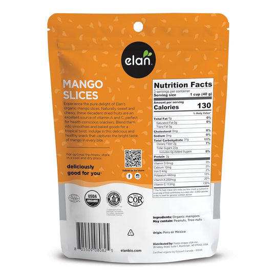 Elan Organic Dried Mango Slices, 4.4 Oz, Sulphite-Free, No Sugar Added, Non-Gmo, Vegan, Gluten-Free, Kosher, Healthy Dried Fruit Snacks