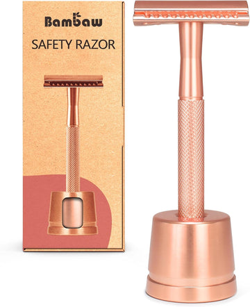 Metal Razor For Women With Safety Razor Stand | Rose Gold Women Razor | Eco Razor Women | Fits All Double Razor Blades | Reusable Razor Women | Zero Plastic | Eco Beauty | Sustainable Home | Bambaw
