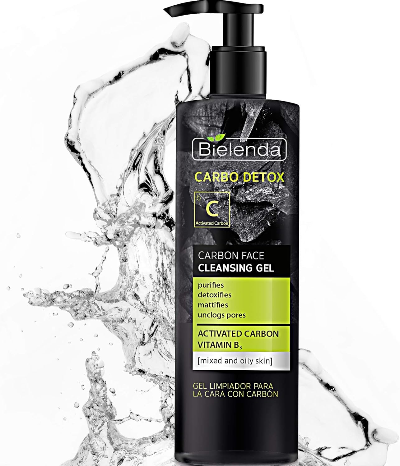 Bielenda Carbo Detox - Purifies With Detoxifying Effect - Removes Make-Up And Excess Sebum - Mattifies And Refreshes The Skin - Carbo Detox Carbon Face Cleansing Gel For Mixed And Oily Skin - 195G