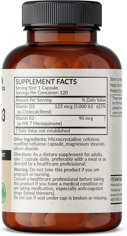 Futurebiotics Vitamin K2 (Mk7) With D3 Supplement - Non-Gmo Formula - 5000 Iu Vitamin D3 & 90 Mcg Vitamin K2 Mk-7, 120 Vegetarian Capsules