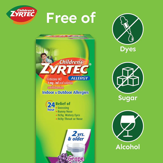 Zyrtec 24 Hour Children'S Allergy Syrup With Cetirizine Hcl, Antihistamine Allergy Medicine For Indoor & Outdoor Allergy Relief For Kids, Dye-Free & Sugar-Free, Grape Flavor, 8 Fl. Oz