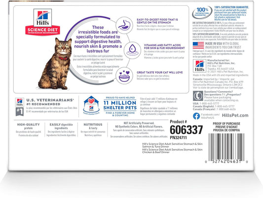 Hill'S Science Diet Sensitive Stomach & Skin, Adult 1-6, Stomach & Skin Sensitivity Support, Wet Cat Food, Variety Case: Chicken & Beef; Salmon & Tuna Stew, 2.8 Oz Pouch Variety Case, Case Of 12