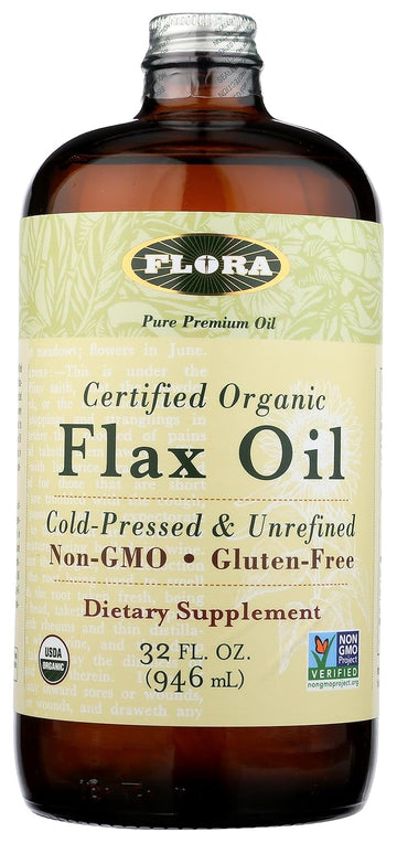 Flora Certified Organic Flax Seed Oil - Cold Pressed & Unrefined - Non-Gmo, Gluten-Free, Kosher Omega Flax Oil Blend - Essential Fatty Acids For Wellness - Amber Glass Bottle - 32 Oz