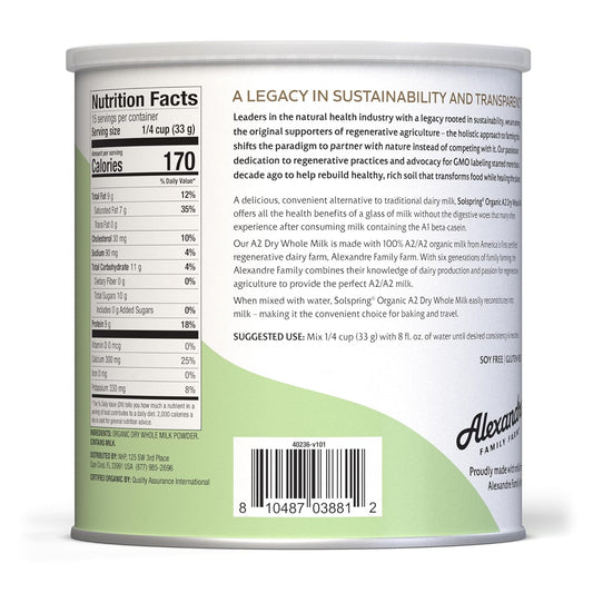 Solspring Organic A2 Dry Whole Milk, 15 Servings, 17.4 Oz. (495 G), Contains 26% Milk Fat, Gluten Free, Soy Free, Certified Usda Organic, Dr. Mercola