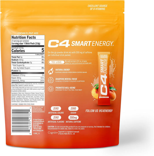 C4 Smart Energy Powder Stick Packs - Sugar Free Performance Fuel & Nootropic Brain Booster, Coffee Substitute or Alternative | Peach Mango - 20 Count