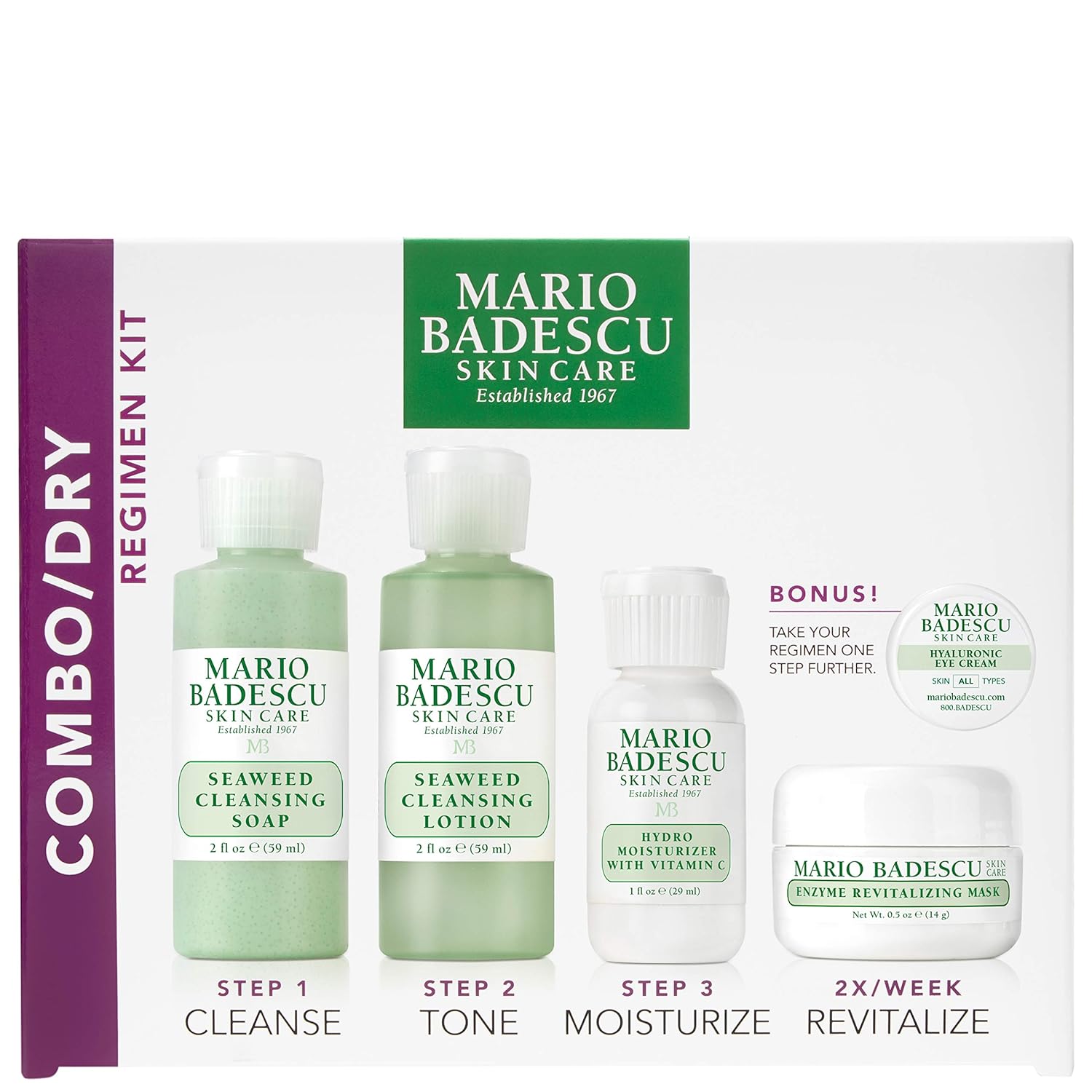 Mario Badescu Combo/Dry Regimen 5 Piece Kit, Skincare Gift Set Includes Seaweed Cleansing Soap, Seaweed Cleansing Lotion, Hydro Moisturizer, Enzyme Revitalizing Mask, And Hyaluronic Eye Cream