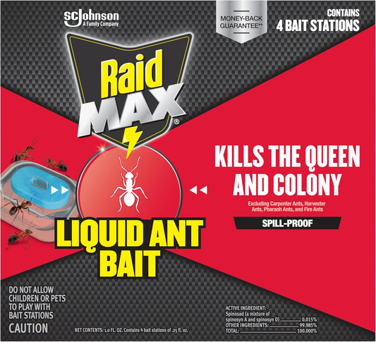 Raid Max Liquid Ant Bat, Kills Ants Where They Breed, For Indoor And Outdoor Use, 4 Bait Stations