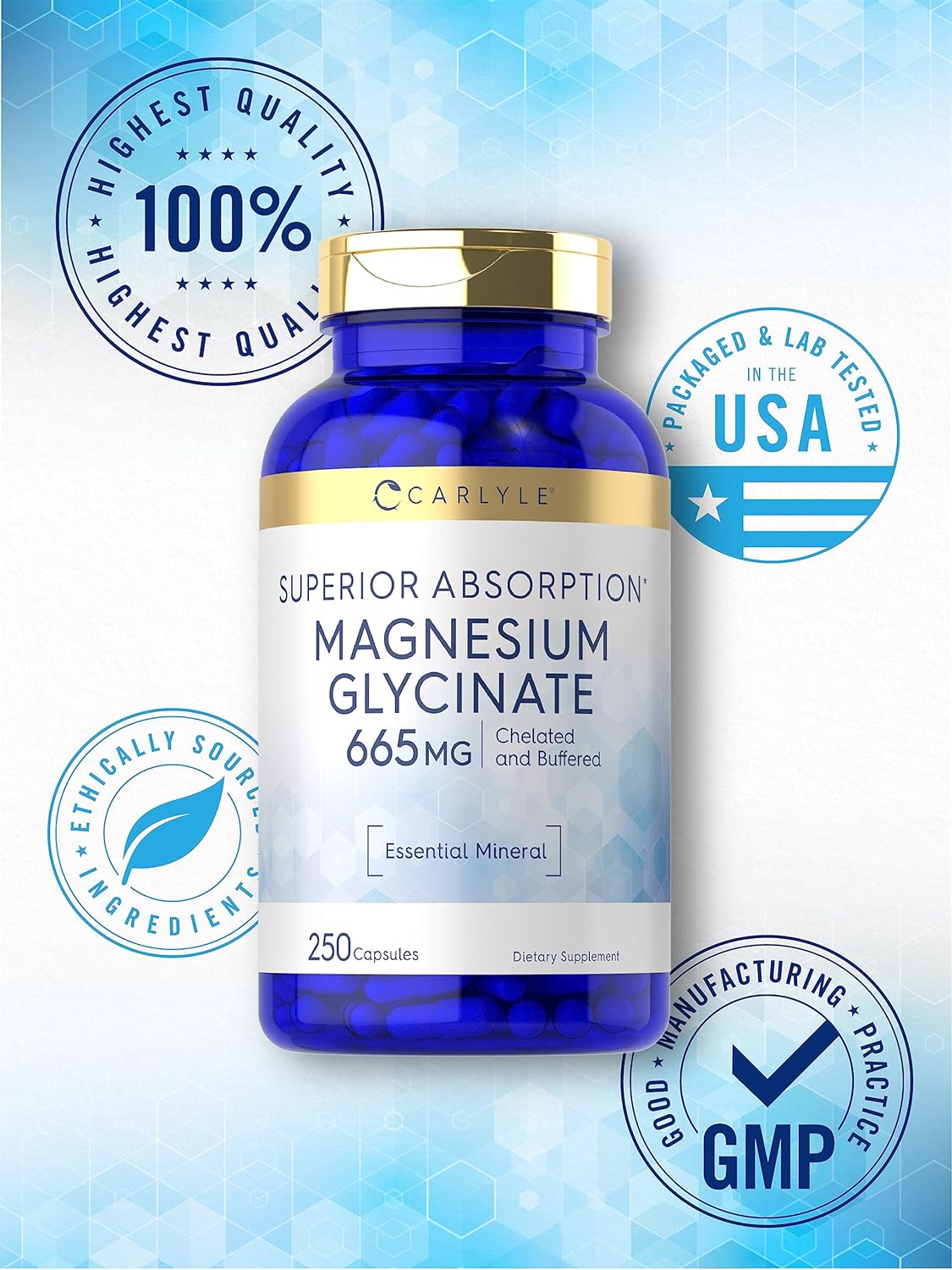 Magnesium Glycinate | 665 mg | 250 Capsules | Non-GMO and Gluten Free Formula | Essential Buffered Mineral Supplement | by Carlyle : Health & Household