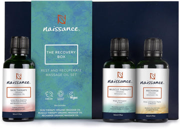 Naissance The Recovery Box Gift Set with 3 Relaxing Organic Vegan Massage Oils - Natural Sport Therapy Warming Skin Oil Soothes Post Workout Pampering for Him Her Women Men