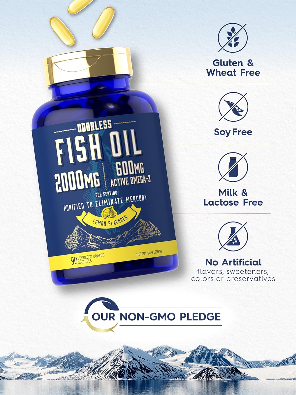 Carlyle Fish Oil 2000mg | 600mg Omega 3 with EPA & DHA | 90 Odorless Softgels | Lemon Flavored Supplement | Non-GMO & Gluten Free Pills : Health & Household