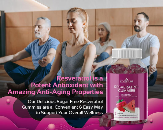 Cognitune Resveratrol Gummies – Sugar Free 1500Mg Antioxidant Supplement For Heart, Brain & Immune Support – Powerful Anti-Aging Trans Resveratrol Chews For Longevity & Wellness