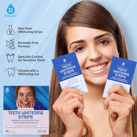 Pursonic Teeth Whitening Strips (28 Strips) - Non-Toxic & Peroxide-Free - Professional Instant Teeth Whitening At Home To Remove Coffee, Smoking, & Wine Stains