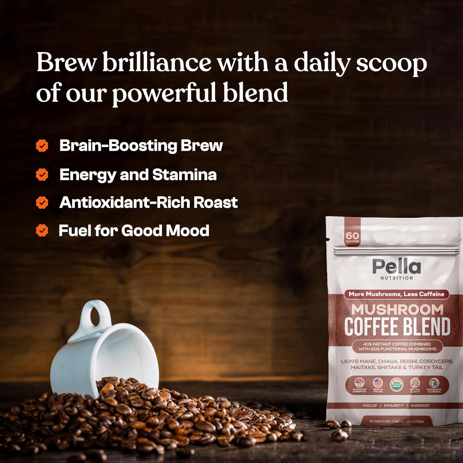 Organic Low-Caffeine Mushroom Coffee (60 Servings) with 7 Superfood Mushrooms, Great Tasting Colombian Instant Coffee, Includes Lion's Mane, Reishi, Chaga, Cordyceps, Shiitake, Maitake, and Turkey Tail : Grocery & Gourmet Food