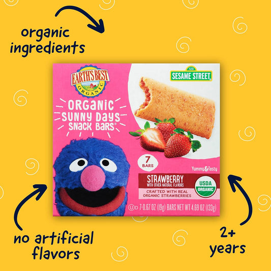 Earth'S Best Organic Kids Snacks, Sesame Street Toddler Snacks, Organic Sunny Days Snack Bars For Toddlers 2 Years And Older, Strawberry With Other Natural Flavors, 7 Bars Per Box (Pack Of 6)