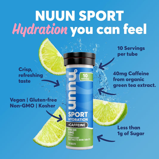 Nuun Sport + Caffeine Electrolyte Tablets For Proactive Hydration, Fresh Lime, 8 Pack (80 Servings)