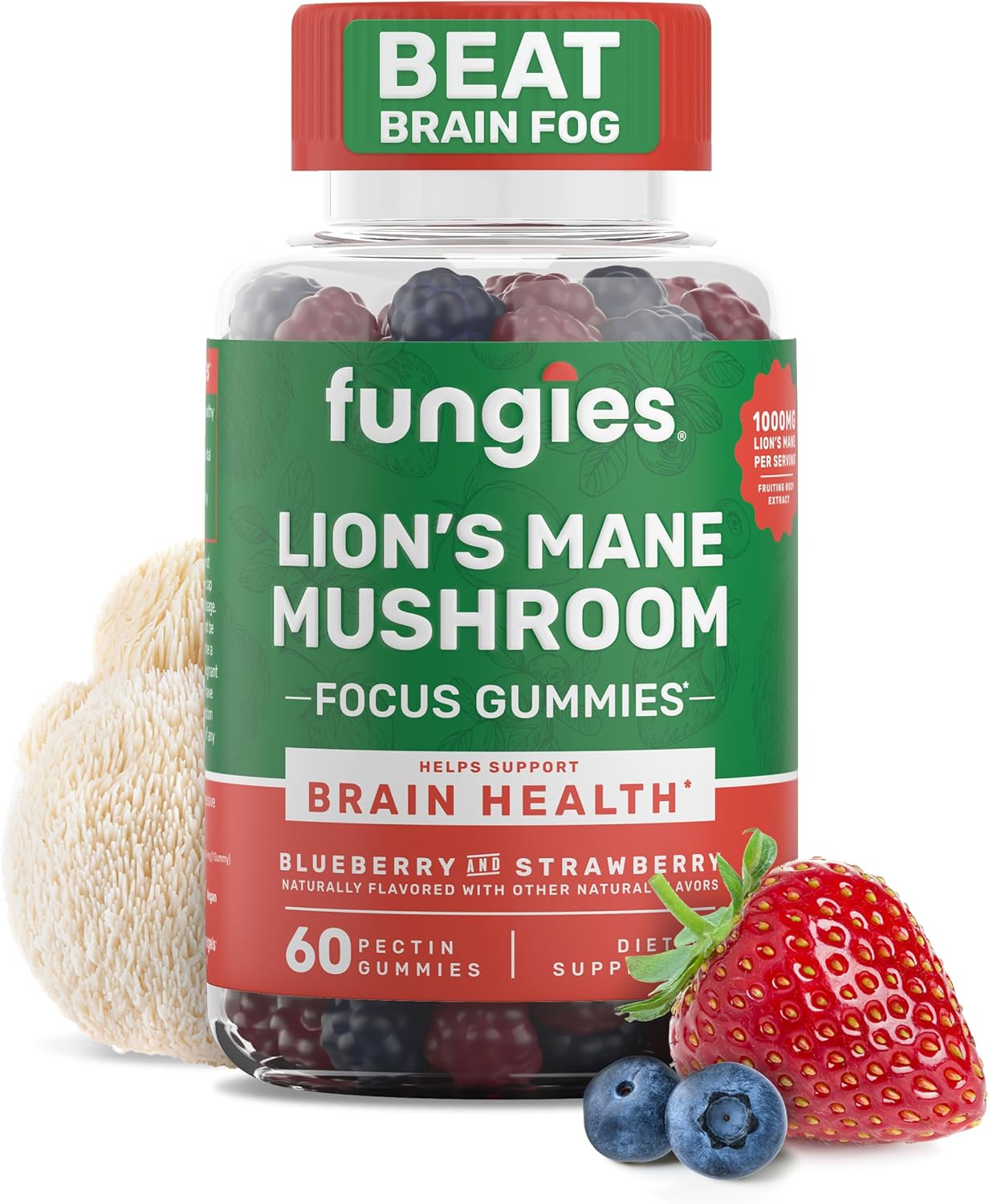 Fungies Lion'S Mane Mushroom Gummies, Mixed Blueberry & Strawberry Flavor - Mushroom Supplement Gummy For Adults & Children Supports Brain Health, Cognitive Function, Focus, Memory & Mood, 60 Servings