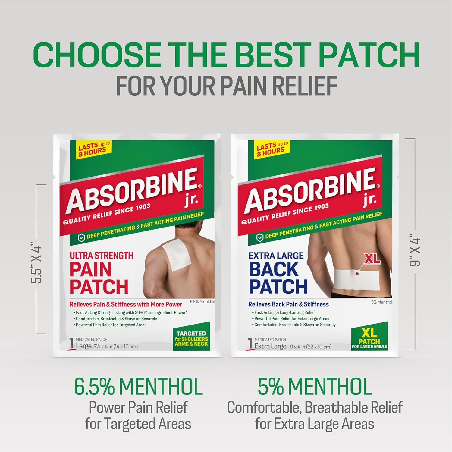 Absorbine Jr. Pain Relief Patches, Extra Large Back Pain Patch with Menthol for Lower Back Muscle Aches and Cramps, 18 Count, White : Health & Household