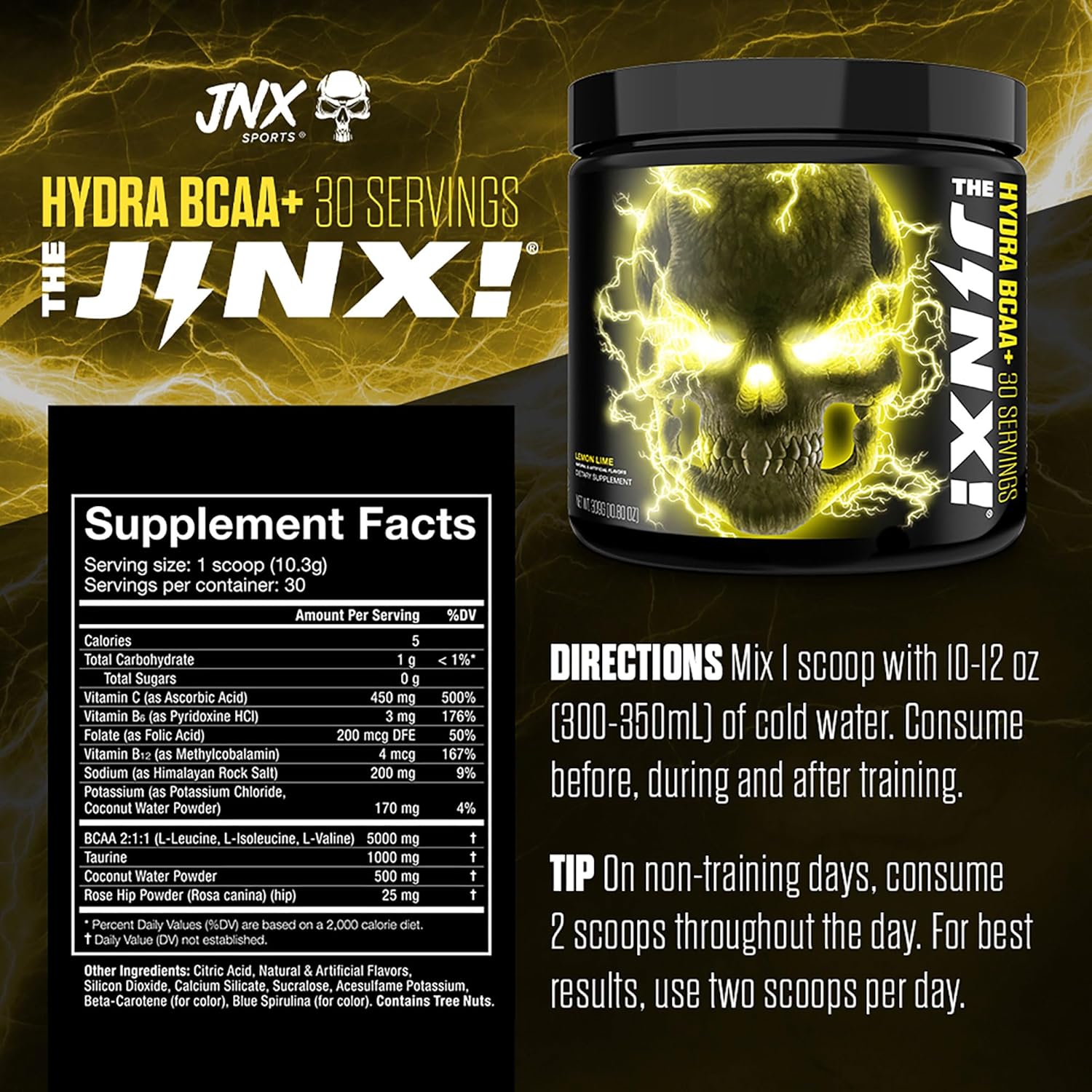 Jnx Sports The Jinx! Hydra Bcaa+ Post Workout Recovery Drink - Hydration With Electrolytes For Men & Women - 30 Serving, Lemon Lime : Health & Household