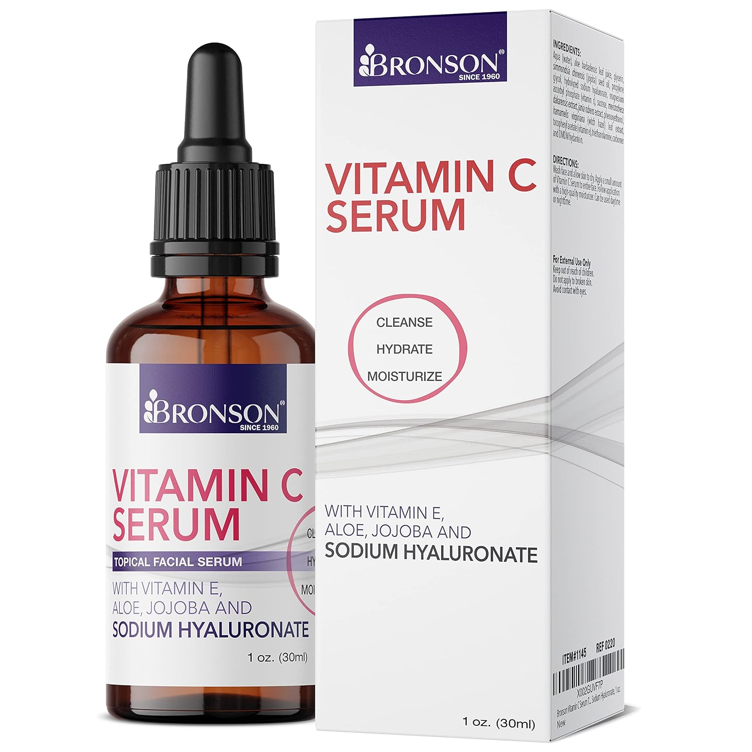 Bronson Vitamin C Serum For Face, Anti Aging Facial Serum With Premium Hyaluronic Acid, Vitamin E, Aloe & Jojoba, Hydrating & Brightening Serum For Dark Spots, Fine Lines And Wrinkles 1 Oz