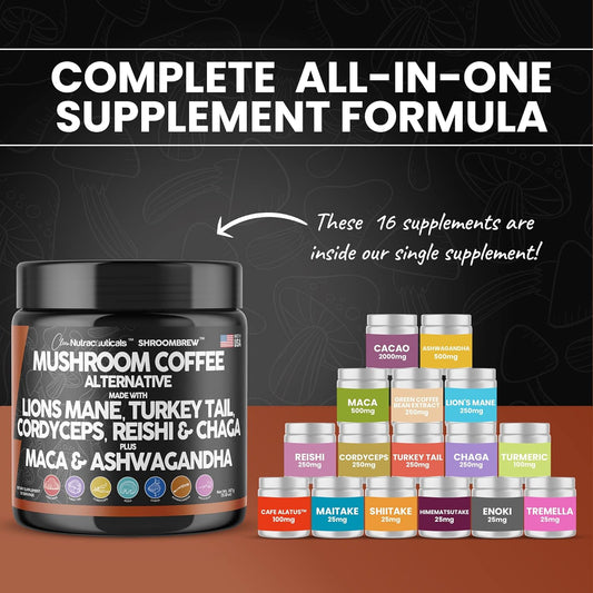 Clean Nutraceuticals Mushroom Coffee Alternative Mix - Maca Coffee With Lions Mane Mushroom, Cordyceps & Ashwagandha - Cacao Based With Maca Root, Turkey Tail, Chaga & Reishi Mushroom - Usa Made