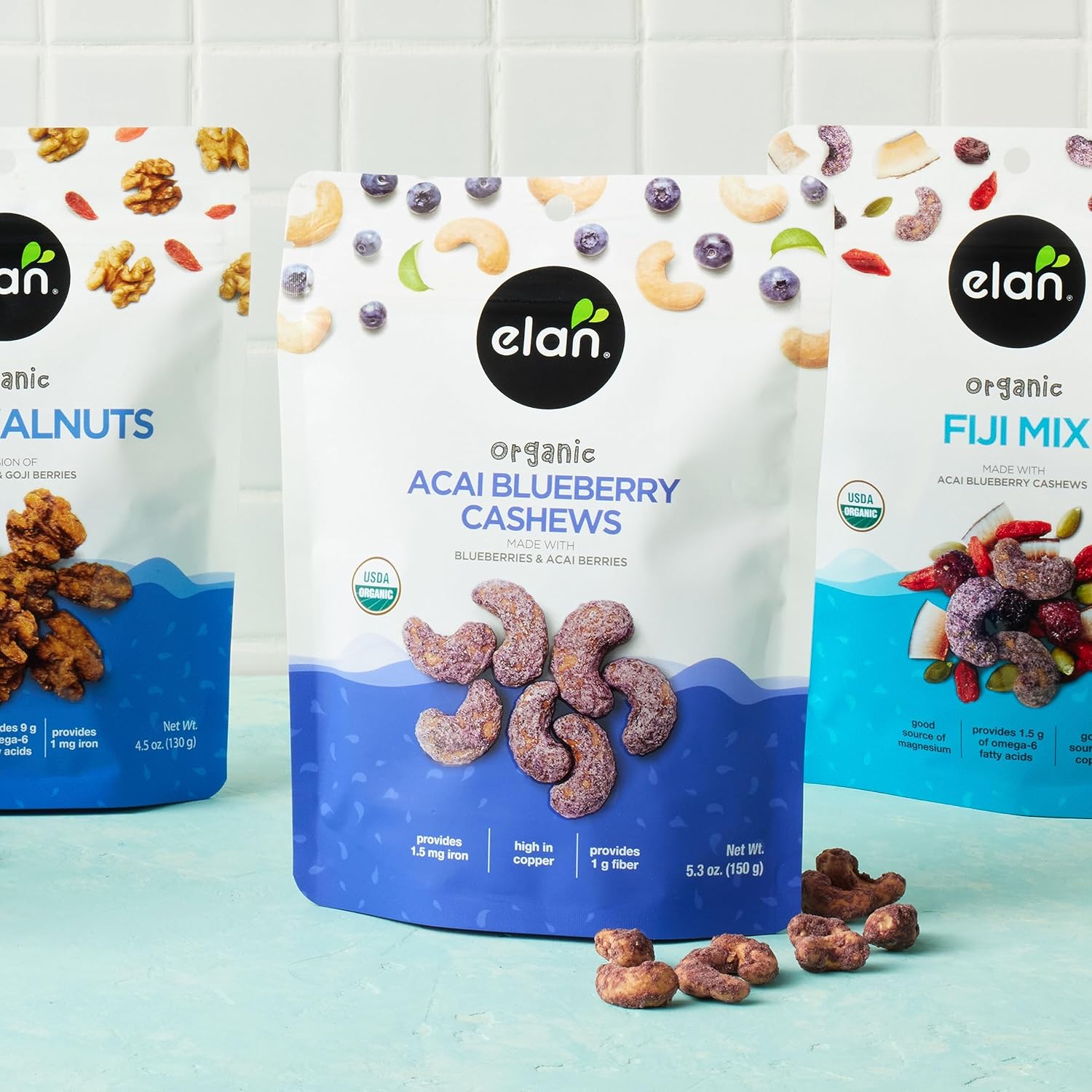 Elan Organic Acai Blueberry Cashews, 5.3 Oz, Non-Gmo, Vegan, Gluten-Free, Kosher, Glazed Nuts (Roasted Cashews, Acai Berry Powder, Blueberry Juice Powder), Superfood Infused Nuts