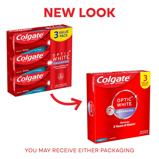 Colgate Optic White Advanced Hydrogen Peroxide Toothpaste Pack, Teeth Whitening Toothpaste, Enamel-Safe Hydrogen Peroxide Formula, Helps Remove Tea, Coffee, And Wine Stains, Icy Fresh, 3 Pack, 3.2 Oz