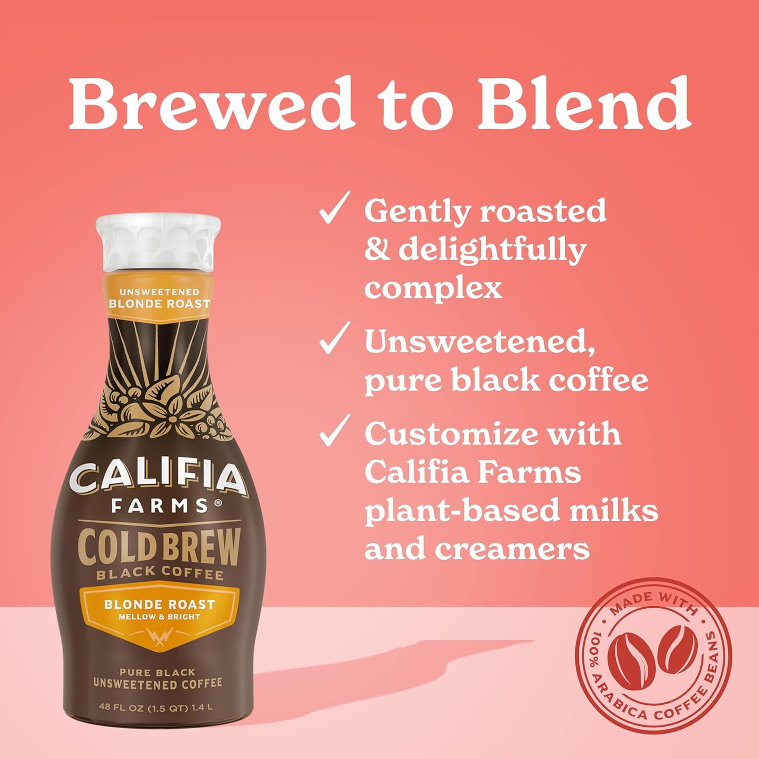 Califia Farms - Pure Black Blonde Roast Cold Brew Coffee, 48 Oz, 100% Arabica, Plant Based, Vegan, Gluten Free, Non Gmo, Sugar Free, Iced Coffee