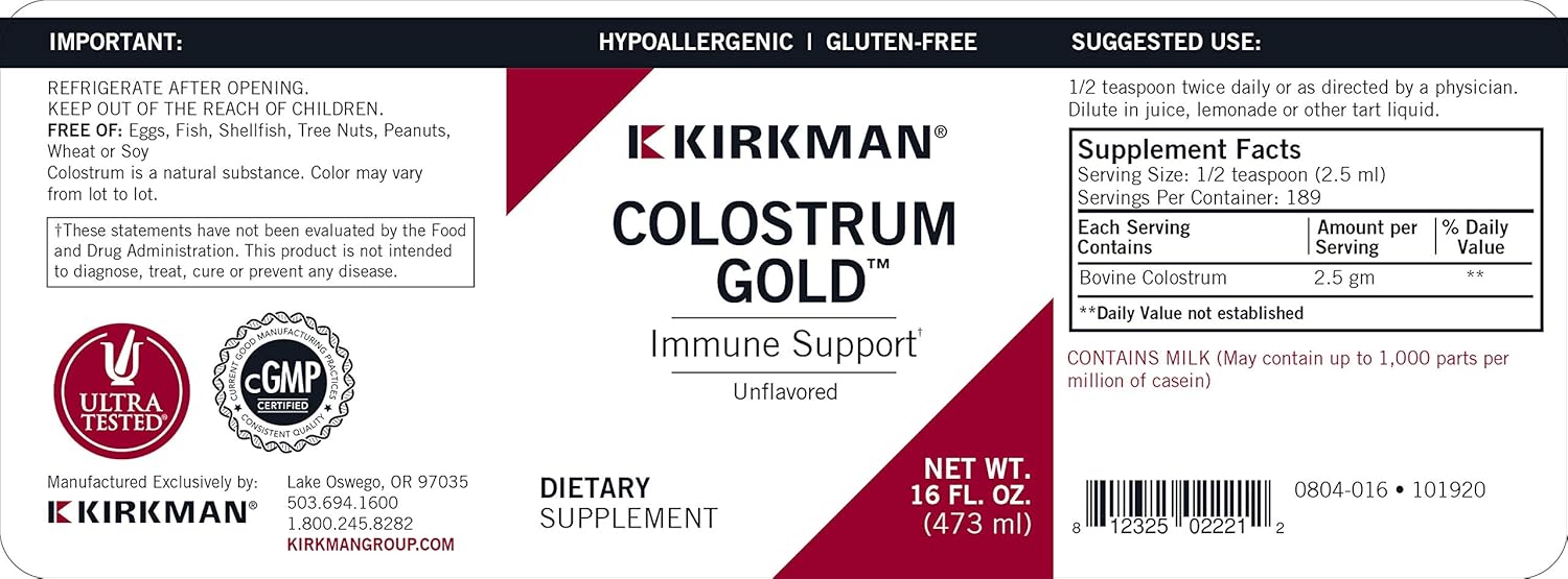 Kirkman Colostrum Gold Immune Support Supplement, 16 Fl Oz, Unflavored Liquid Bovine Colostrum, Supports Muscle, Skin & Cartilage Tissue Growth, Hypoallergenic, Antibiotic & Added Hormone Free… : Health & Household