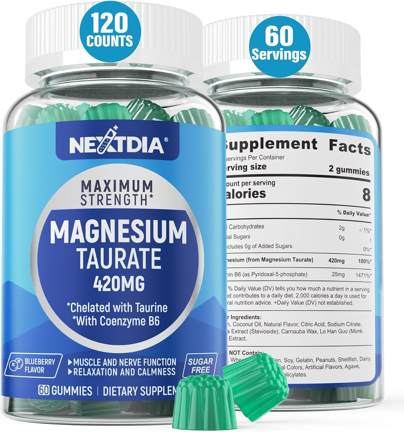 Magnesium Gummies, Magnesium Taurate 420mg w/Vitamin B6, Sugar Free Chelated Magnesium Supplement for Bone, Nerve and Mood Support, Promotes Calmness, Muscles Recover & Relieves Cramps, Vegan, 120 Cts