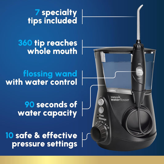 Waterpik Aquarius Water Flosser Professional For Teeth, Gums, Braces, Dental Care, Electric Power With 10 Settings, 7 Tips For Multiple Users And Needs, Ada Accepted, Black Wp-662, Packaging May Vary