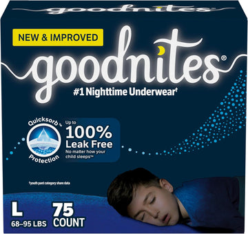 Goodnites Boys' Nighttime Bedwetting Underwear, Size Large (68-95 Lbs), 75 Ct (3 Packs Of 25), Packaging May Vary