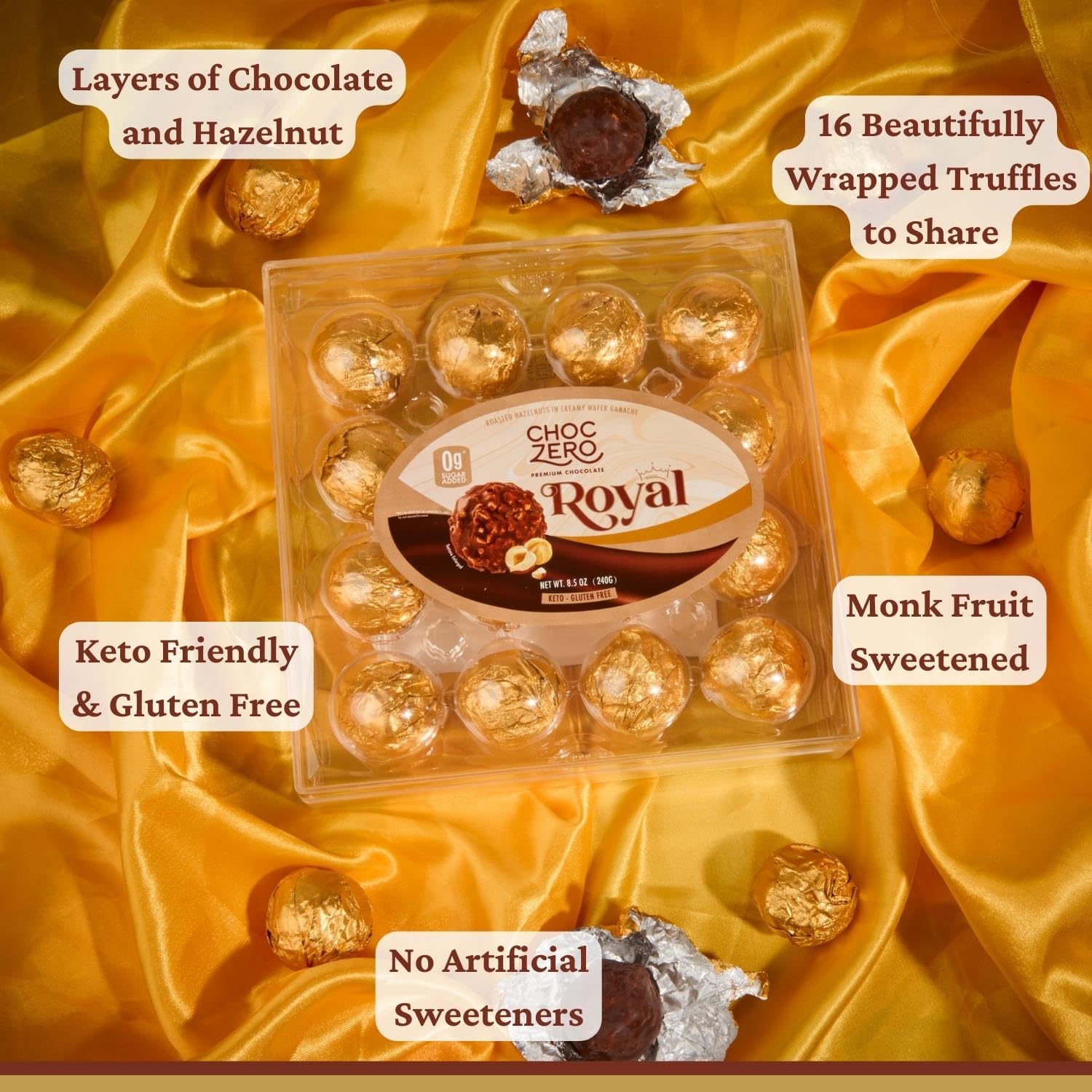 Choczero Royal Truffle 3-Pack - Premium Gluten Free Milk Chocolate - Zero Sugar Added Hazelnut Chocolate (48 Truffles Total, 25.5 Ounces)