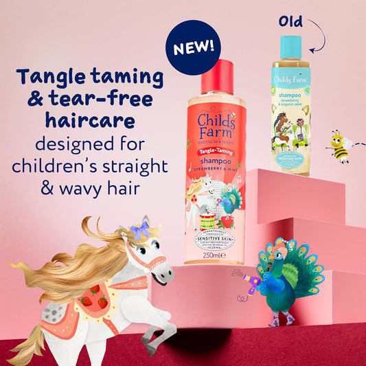 Childs Farm Tangle Taming Shampoo, Straight Or Wavy Hair, Gentle And Tear Free, Strawberry And Mint, Kids, Baby, 250Ml (Pack Of 2)