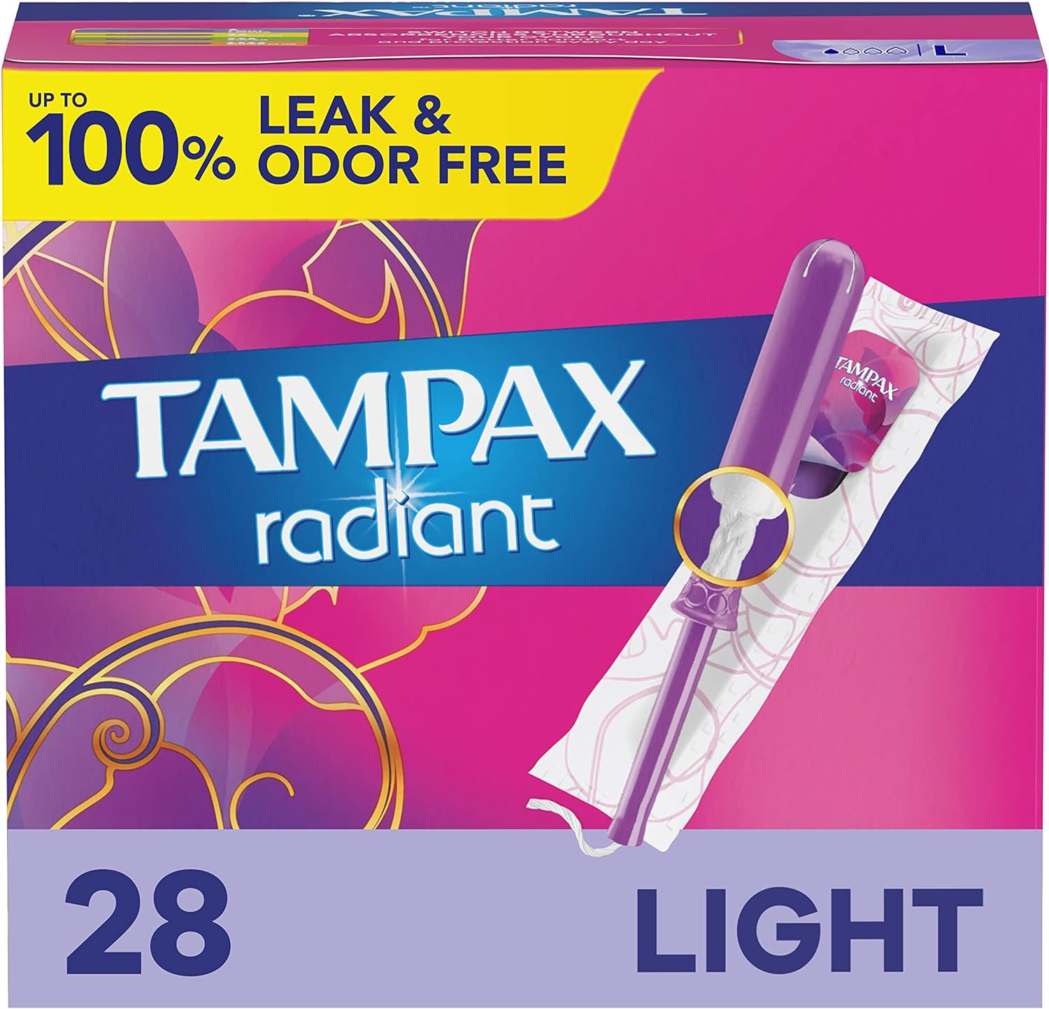 Tampax Radiant Tampons Light Absorbency with BPA-Free Plastic Applicator and LeakGuard Braid, Unscented, 28 Count x 3 Packs (84 Count Total)