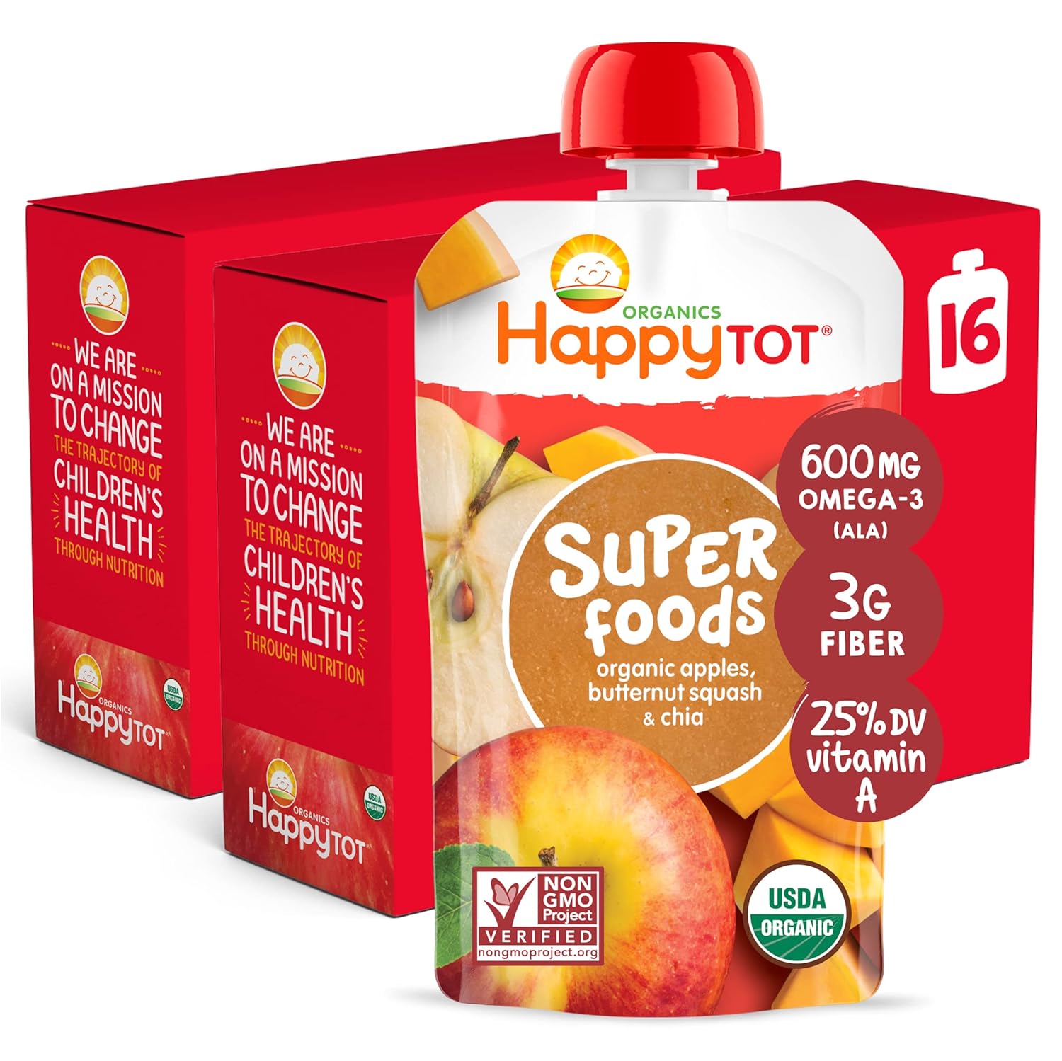 Happy Tot Organics Stage 4 Baby Food Pouches, Gluten Free, Vegan Snack, Superfoods Fruit & Veggie Puree, Apples, Butternut Squash & Chia, 4.22 Ounce (Pack Of 16)