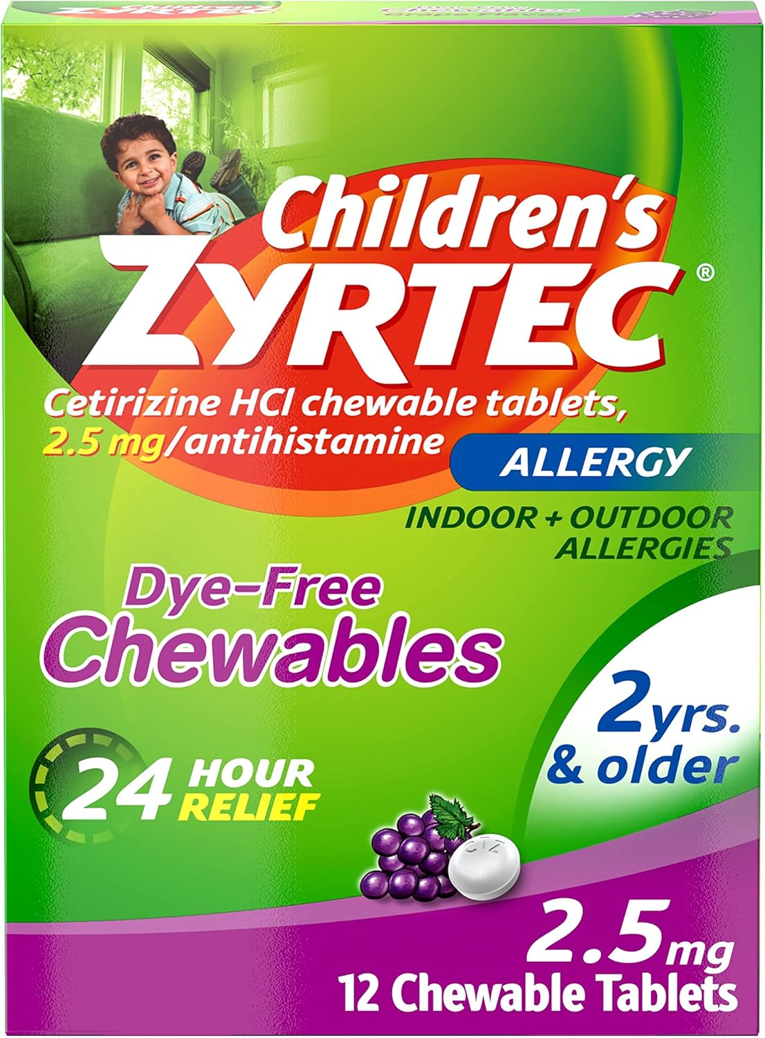 Zyrtec Children'S Dye-Free Chewables For 24 Hour Allergy Relief, 2.5 Mg Cetirizine Hcl Antihistamine Tablets, Kids Allergy Medicine Relieves Sneezing & Itchy Nose & Throat, Grape, 12 Ct