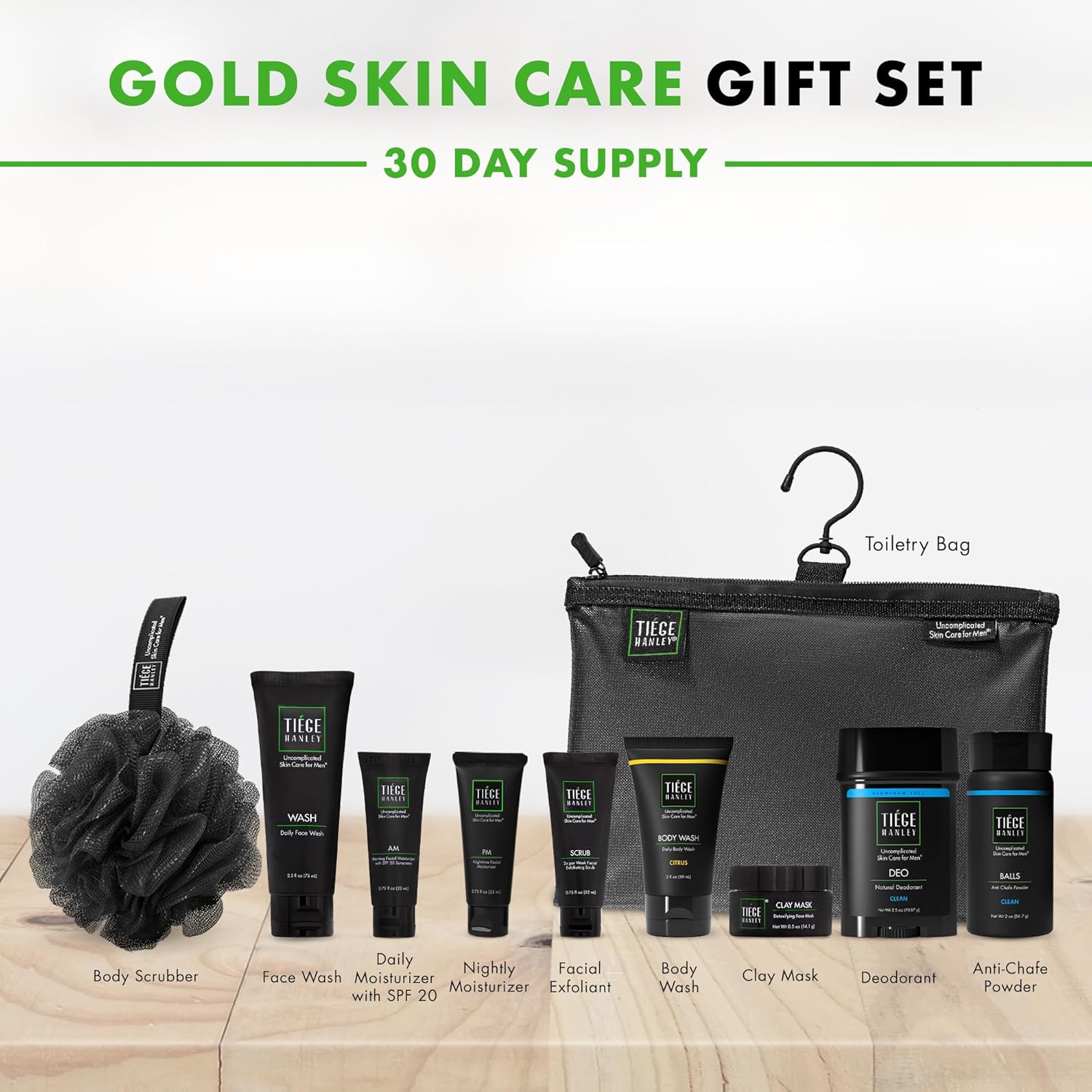 Tiege Hanley Mens Skin Care Gift Box Set, Gold - Men's Skincare Set with Face Wash, AM & PM Moisturizer, Scrub, Clay Mask, Body Wash, Deodorant, Anti Chafe Powder, Scrubber & Dopp Kit : Beauty & Personal Care