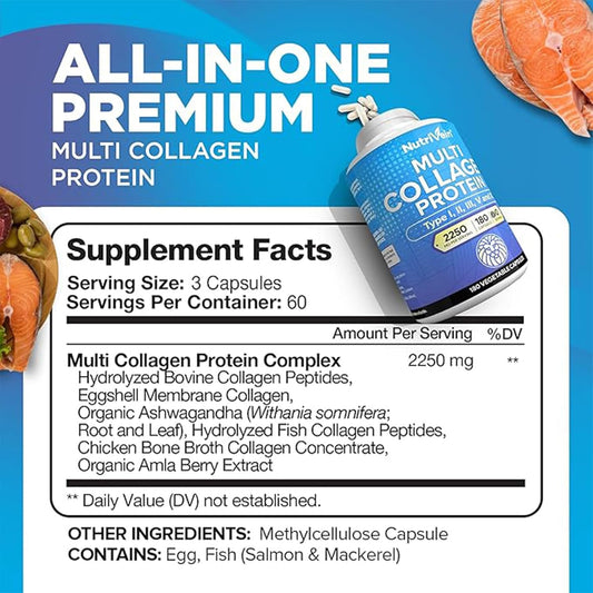 Nutrivein Multi Collagen Pills 2250Mg - 180 Collagen Capsules - Type I, Ii, Iii, V, X - Anti-Aging, Healthy Joints, Hair, Skin, Bones, Nails, Hydrolyzed Protein Collagen Peptides For Woman And Men