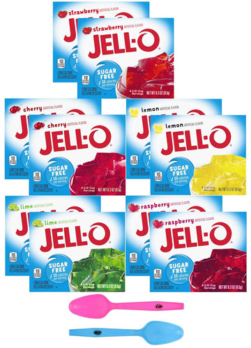 Jell-O Sugar Free Gelatin Variety, Strawberry, Raspberry, Lemon, Lime, and Cherry, 0.3 oz Boxes (Pack of 10) with By The Cup Mood Spoons