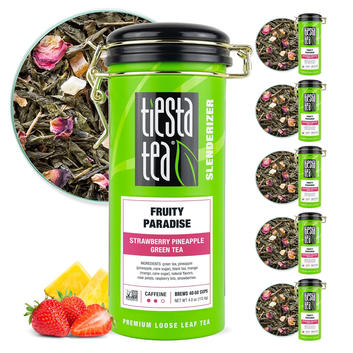 Tiesta Tea - Fruity Paradise | Strawberry Pineapple Green Tea | Premium Loose Leaf Tea Blend | Medium Caffeinated Green Tea | Make Hot Or Iced Tea, Brews Up To 50 Cups - 24Oz Refillable Tin, Pack Of 6